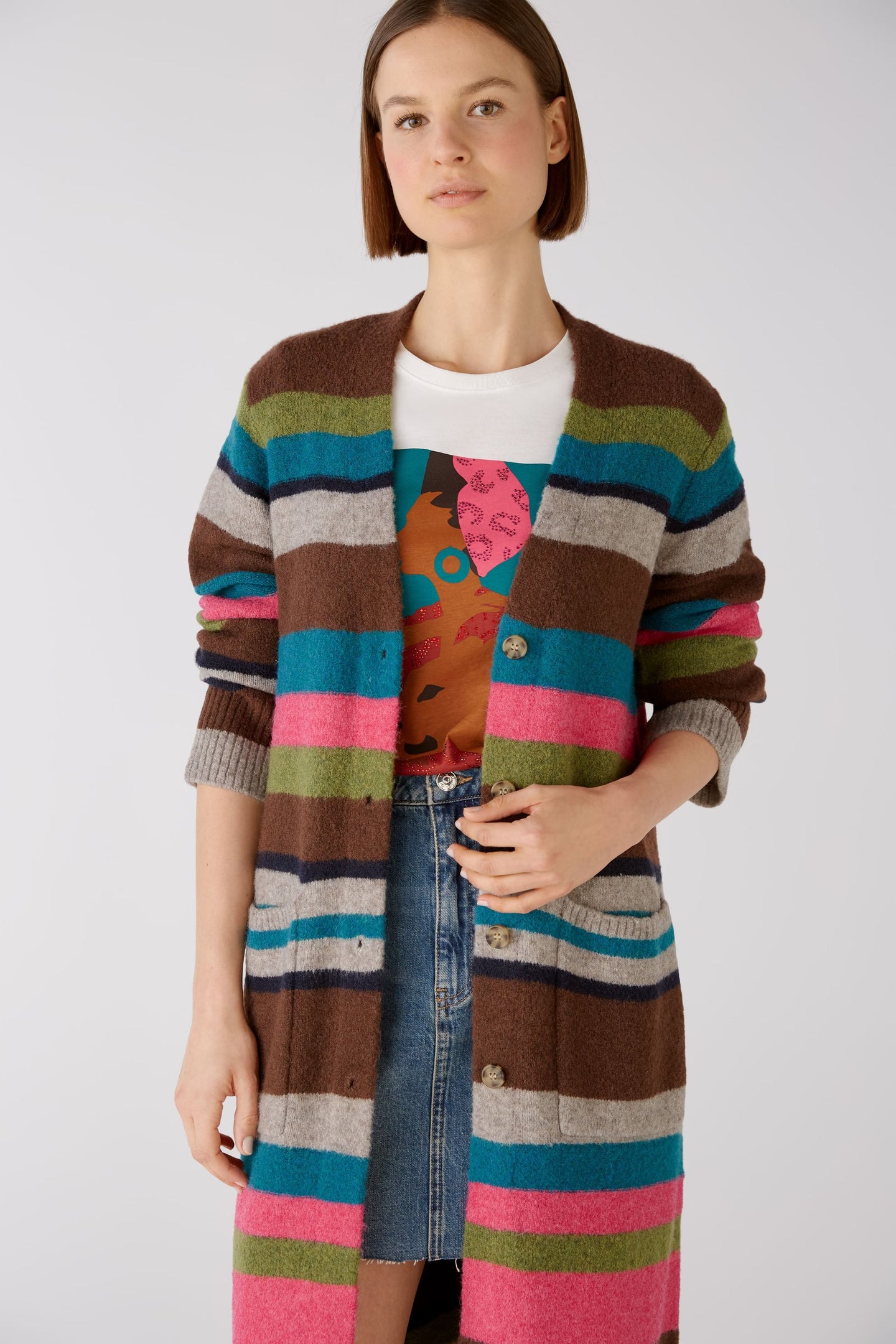 Oui Brown / Blue / Pink Stripe Knit Coat