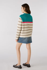 Oui Turquoise / Stone Striped R/N Sweater