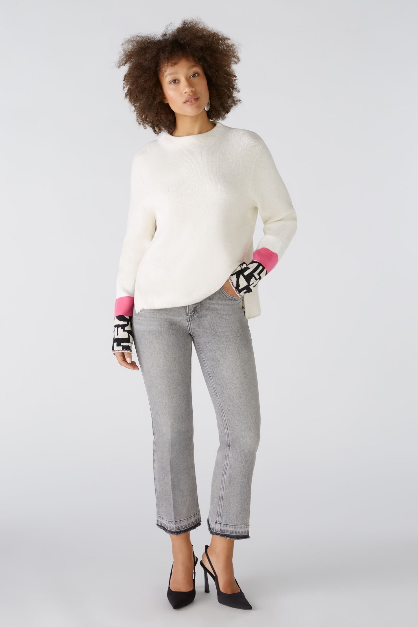 Oui  Winter White Sweater With Pink & Black Cuff Detail