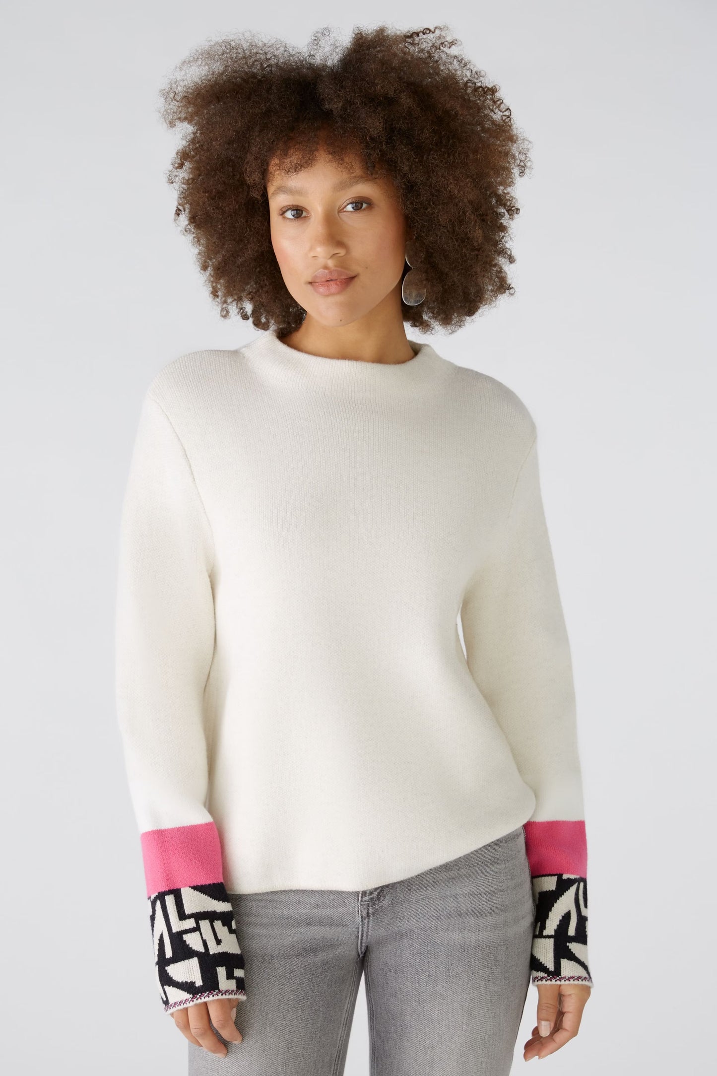 Oui  Winter White Sweater With Pink & Black Cuff Detail