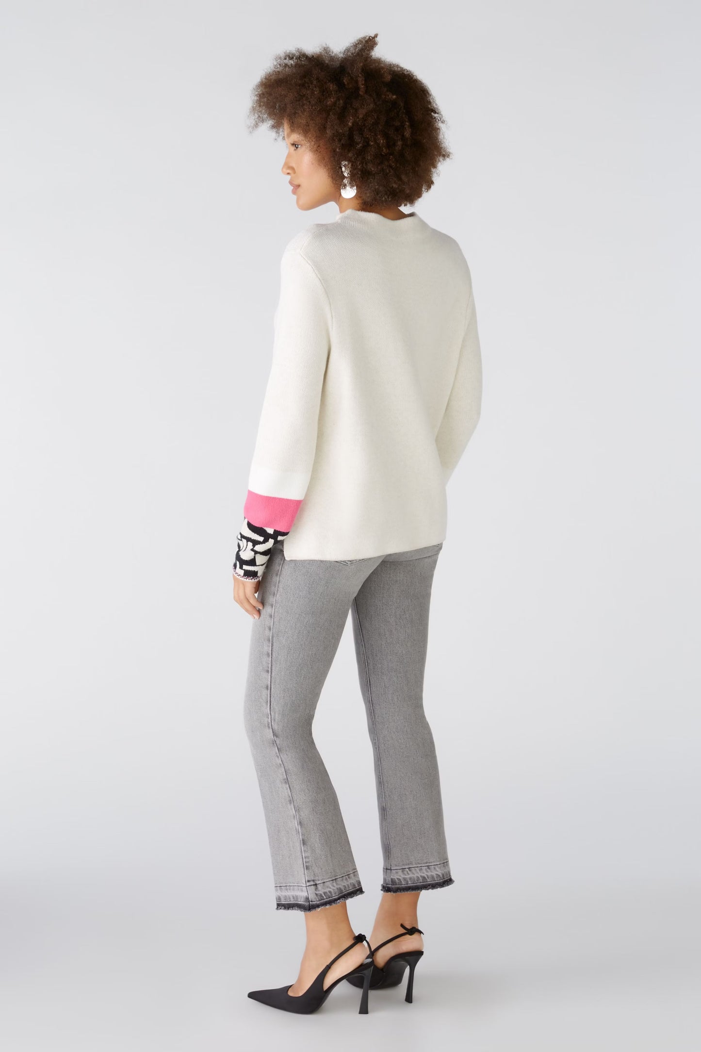 Oui  Winter White Sweater With Pink & Black Cuff Detail