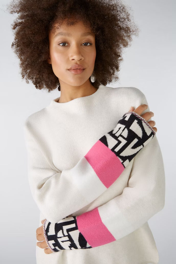 Oui  Winter White Sweater With Pink & Black Cuff Detail