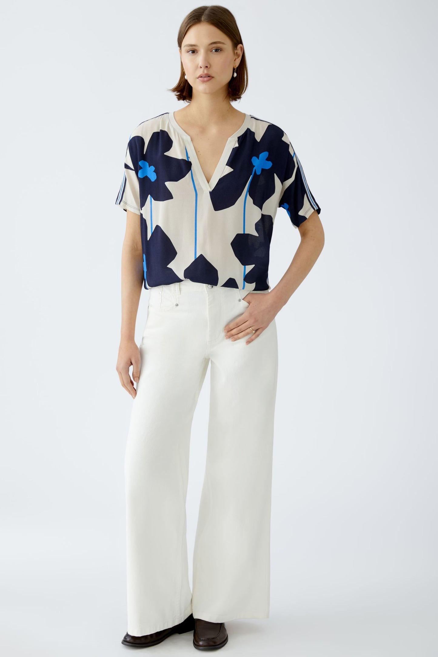 Oui Royal Blue / Cream Flower Print Top