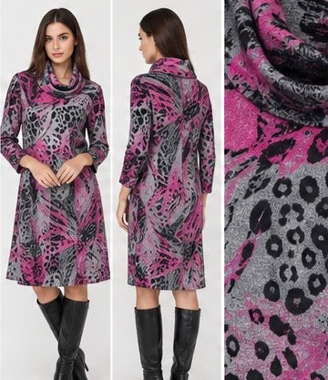 Grey/Fuchsia High Neck Dress
